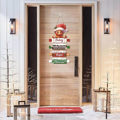 CHDITB Wooden Gingerbread Bakery Christmas Door Hanger, Rustic Christmas Wall Hanging Sign with Cookies Rolling Pin Warm Saying, Farmhouse Xmas Winter Holiday Decor for Indoor Outdoor
