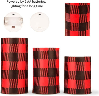 Silverstro Christmas Red Flameless Candles: Farmhouse Theme Flickering Real Wax Buffalo Check Decorative Candles with Remote - Home Party Bathroom Room Christmas Decorations - Set of 3