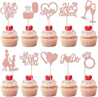 30 PCS He Asked She Said Yes Cupcake Toppers Glitter Wedding Engagement Cupcake Picks Miss to Mrs I Do Love Heart Ring Miss to Mrs Cake Decorations for Wedding Engagement Party Supplies Rose Gold