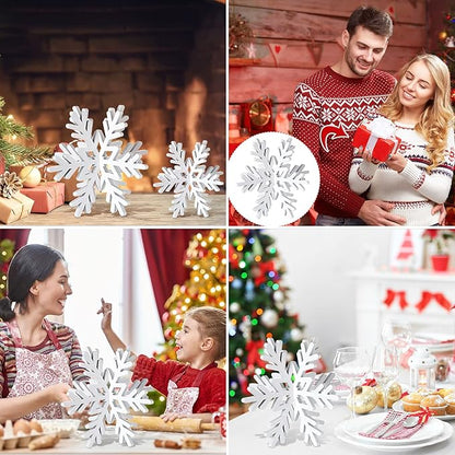 Bucherry 12 Pcs Wooden Snowflake Table Decor 3D Snowflake Tabletop Signs and Centerpiece for Christmas Xmas Winter Wonderland Decorations Home Party(White)