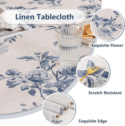 MYSKY HOME Rectangle Tablecloth 60x102 Inches, Linen Farmhouse Tablecloth Waterproof Decorative Fabric Table Cloth for Kitchen Party Floral Tablecloth for 6 Feet Table Blue and Grey Tablecloth