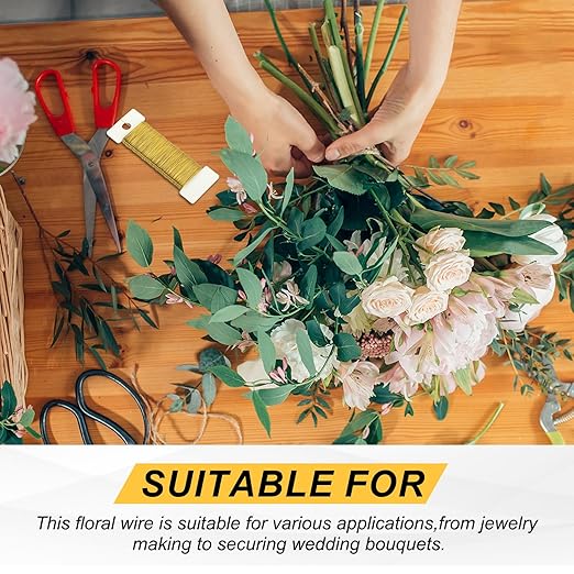 MECCANIXITY 190 Yards/575 Feet 27 Gauge Metal Floral Wire Gold Tone Flexible Paddle Thin Floral Wires for Craft, Christmas Wreath, Flower Arrangement, Wedding, Total 5 Roll