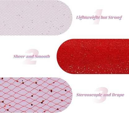 Glitter Tulle Rolls 6” by 50 Yards Sparkle Tulle Fabric Ribbon Sequin Tulle Netting Rolls for DIY Tutu Skirt Wedding Birthday Party Decoration (Red)