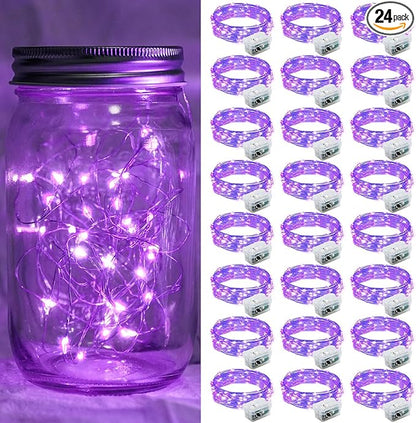 24 Pack Purple Fairy Lights 7Ft 20 LED Twinkle String Lights 3 Modes Battery Operated Waterproof Firefly Starry for Mason Jar Party Wedding Christmas Valentines Day Table Centerpieces