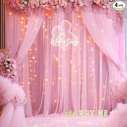 20ft x 10ft Pink Tulle Photo Backdrop Curtain with Lights String for Baby Shower Sheer Baby Pink Curtain Backdrop for Birthday Party Wedding Photo Booth Photography Background Decorations