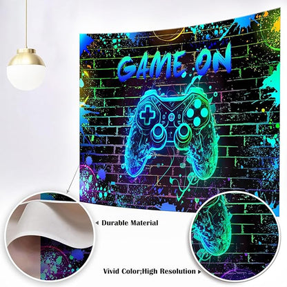 Mocsicka Game On Backdrop Video Game for Boys Level Up Birthday Party Decoration Game Night Arcade Neon Glow Gamer Banner Photography Background (Blue, 8x6ft(96"x72"))