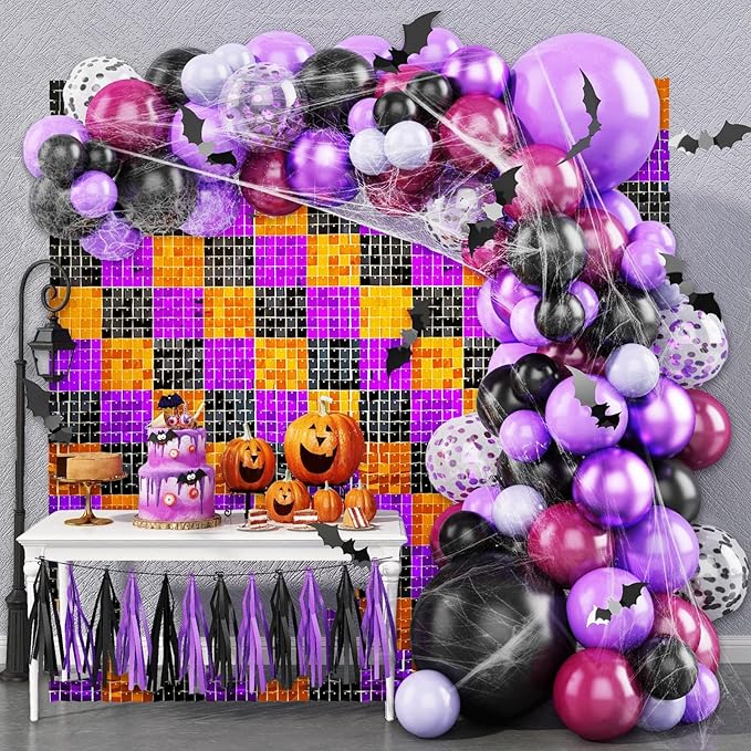 12PCS Black Orange Purple Shimmer Wall Backdrop, Laser Square Sequin Photo Backdrops Panel, Glitter Wall Background for Birthdays, Weddings, Halloween Party Decor (3FTx4FT)