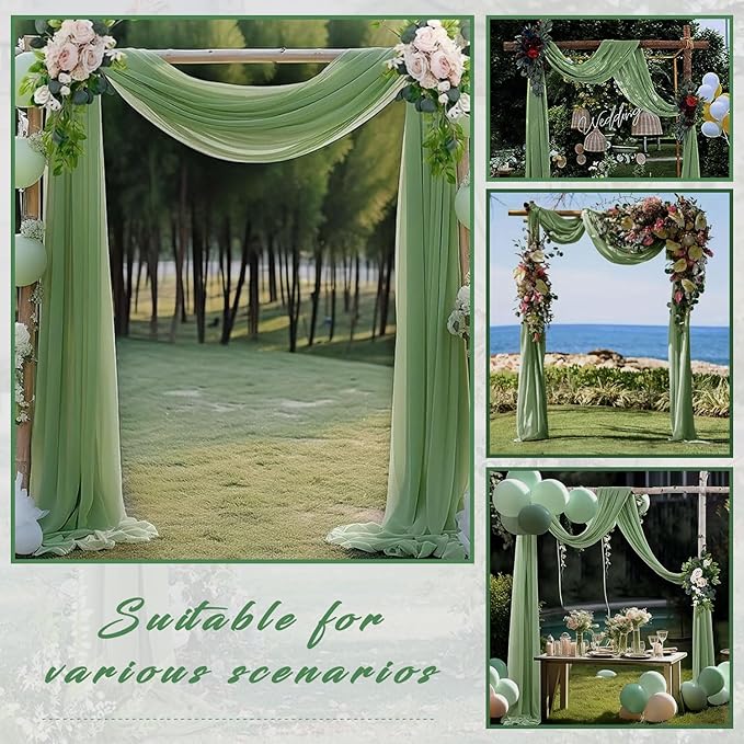 Wedding Arch Draping Fabric 2 Panels 20Ft length x 28" width Sage Green Arch Drapes Chiffon Fabric Sheer Curtains Backdrop for Party Bridal Decorations Wedding Ceremony Ceiling Stage Reception Decor
