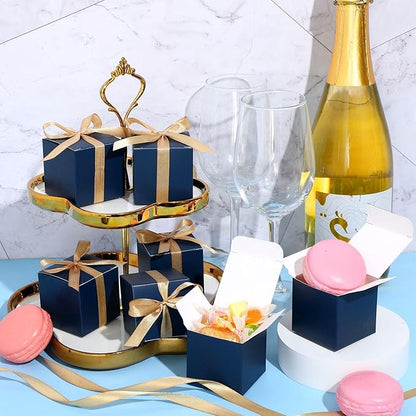 Jutom 100 Pcs Mini Favor Boxes Extra Small Candy Boxes Paper with Gold Ribbon for Christmas Thanksgiving Day Birthday Wedding Anniversary Supplies(2 x 2 x 2 Inch,Navy Blue)