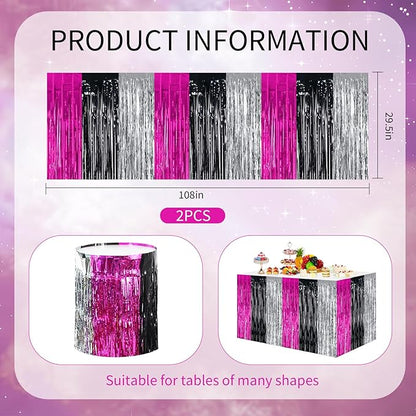 BEISHIDA 2 Pack Hot Pink Black Silver Table Skirts Party Decorations Metallic Tinsel Foil Fringe Table Skirts for Hot Girls Mouse Theme Birthday Holiday Party