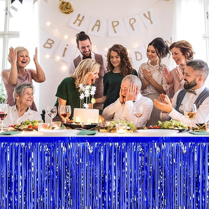 3 Pack 29 x108 Inch Blue Foil Fringe Table Skirts Metallic Banner for Tinsel Streamer Garland Backdrop for Parade Floats Wedding Thanksgiving Birthday Christmas Halloween New Year Party Decoration