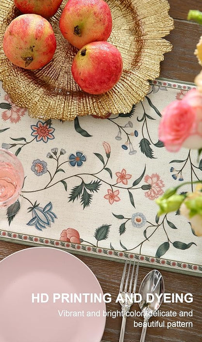 ISAENNE Designer Chinoiserie Elegant Linen Floral Extra Long Table Runner 118 Inches,White Wrinkle Resistant Table Runners for Dining Tables,Thanksgiving,Kitchen Tables,Christmas,12"*118"-Daffy A
