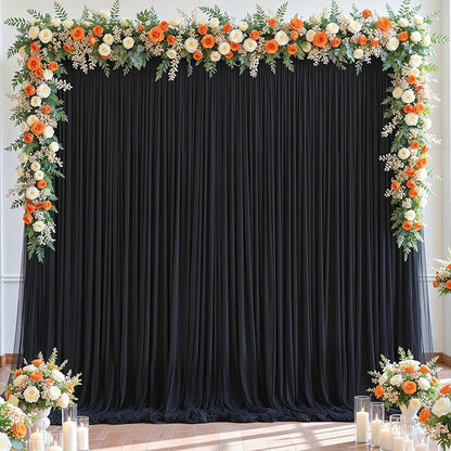 Black Tulle Backdrop Curtain for Parties Wedding,5ft x 10ft Wrinkle Free Curtain Backdrop,2 Layer Drapes for Backdrop,Polyester Wedding Back Drop for Bridal Shower Birthday Baby Shower Photography