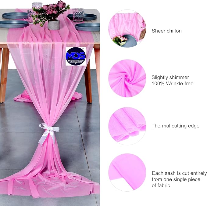 MDS 2 Pack 10ft Chiffon Table Runner 29 x 120 Inches Sheer Wedding Runner Romantic Rustic Table Runner for Wedding Decorations, Birthday Parties, Bridal Shower Party Arch Decor - Bubblegum Pink
