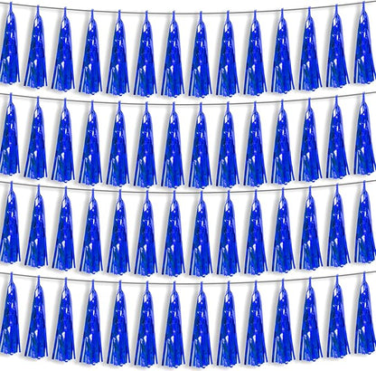 4P Blue Foil Fringe Metallic Tassel Streamers Banner Tassel Garland for Parade Floats, Bachelorette, Wedding, Birthday, Halloween, Christmas, Bridal/Baby Shower Party Decorations