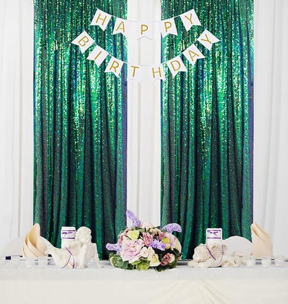 ShiDianYi Iridescent Green Sequin Backdrops for Photograph Backdrop 4FTx10FT 2 Panels Birthday Background Glitter Curtains Green Blue Curtain Sequin Fabric Christamas Decor