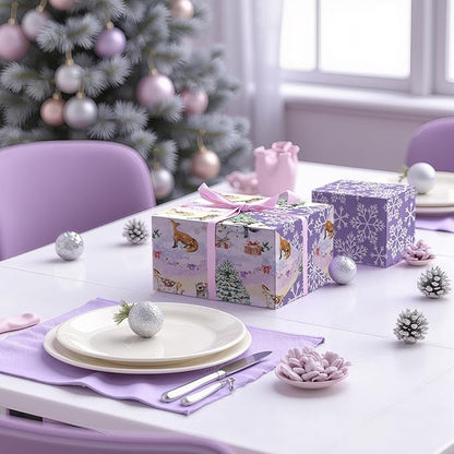 LeZakaa Christmas Reversible Wrapping Paper Roll, Watercolor Winter Forest Design with Fox Raccoon Christmas Tree Snowflake, for Kids Family, Winter Holidays, Mini Roll 17 in x 16.4 Ft