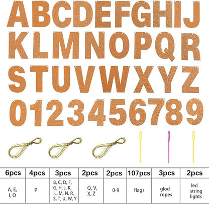 TaoBary 112 Pcs DIY Letter Kit Glitter Customizable Banner Letters Include 107 Letters and Numbers 3 Rope and 2 Needles for Birthday Halloween Christmas Wedding Valentine Party Decor(Glitter Orange)
