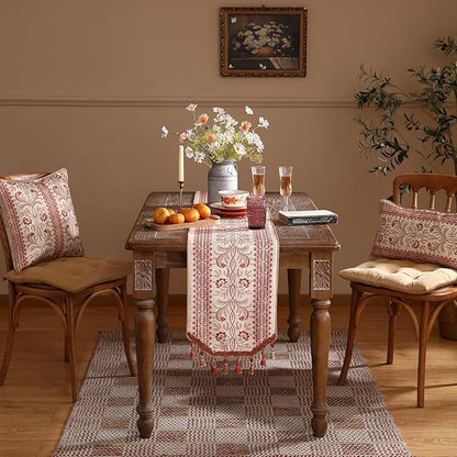 ISAENNE Designer Vintage Linen Table Runner 102 Inches Long,Red Floral Pattern Modern Decor Table Runners for Dining Tables,Thanksgiving,Kitchen Tables,Christmas,Banquet,12"*102"-Chamonix A