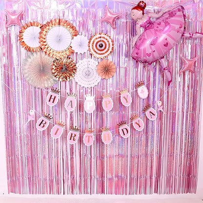 BRAVESHINE 1 Purple 1 Pink Streamers Party Photo Backdrop - 3.2 ft x 8.2 ft Metallic Tinsel Foil Fringe Curtains for Valentine’s Day/Women Birthdays/Engagement/Bridal Shower/Bachelorette Decorations