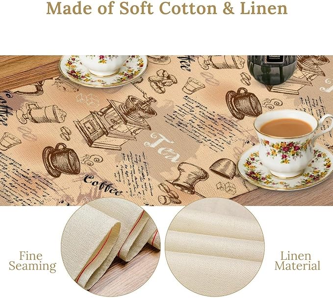 Coffee Theme Table Runner, Rustic Farmhouse Coffee Cup Tea Party Cafe Table Center Decor for Home Kitchen Dining Patio Holiday Party Indoor Outdoor Table Decorations,13"x72" Inch