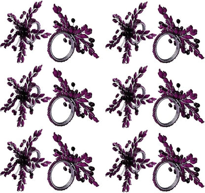 Napkin Rings Set of 12 for Dining Table Decoration Parties Everyday Metal Napkin Holder Leaf Purple (Pack of 12)