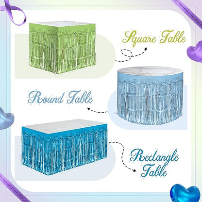 4 Pack Blue Lime Green Purple Series Table Skirts, 29x108" Metallic Foil Tinsel Fringe Table Skirt for Rectangle Tables Streamer Curtains Backdrop, Party Decorations for Birthdays, Weddings, Holidays