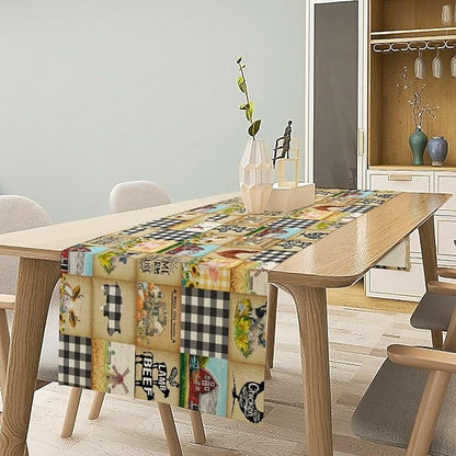 Farmhouse Animals Table Runner,Rustic Cabin Pig Chicken Cow Sunflowers Geometric Grids Burlap for Hotel Indoors Outdoor Dining Room Kitchen Holiday Party, 13x36in