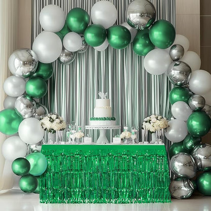 2 Pack Green Table Skirts, 29x108" Metallic Foil Tinsel Fringe Table Skirts for Rectangle Tables Streamer Curtains Backdrop, Party Decorations for Birthdays Weddings Holidays