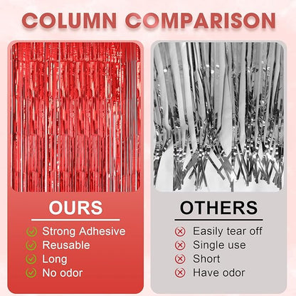 2 Pack Laser Red Foil Fringe Backdrop Curtains, Tinsel Streamers Birthday Party Decorations, Fringe Backdrop for Graduation, Baby Shower, Gender Reveal, Disco Party