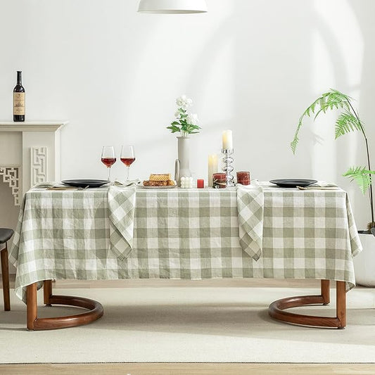 EVERLY 100% Yarn-Dyed Linen Rectangle Tablecloths 60x108Inches for Dining,Buffet Parties,Picnic,Events and Restaurants,Decorative Halloween,Thanksgiving Machine Washable Tablecloths-Sage Green Plaid