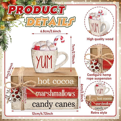 4 Pcs Christmas Table Decorations Winter Snowflake Tiered Tray Decorations Decorative Mini Wooden Books Subject Signs Block Centerpiece for Office Tabletop Shelf Housewarming Gifts