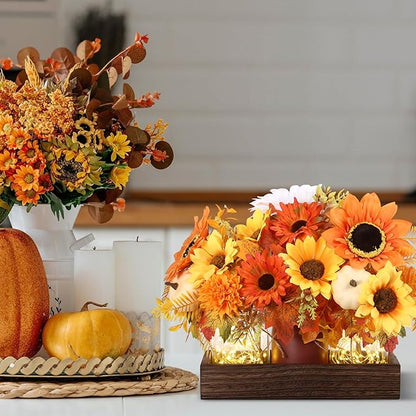 3 Pcs Fall Thanksgiving Tables Centerpieces Mason Jar Table Decor Set, Farmhouse Autumn Pumpkin Maple Leaf Branches Potted Plant with Wood Tray & LED Light, Harvest Dining Table Centerpieces