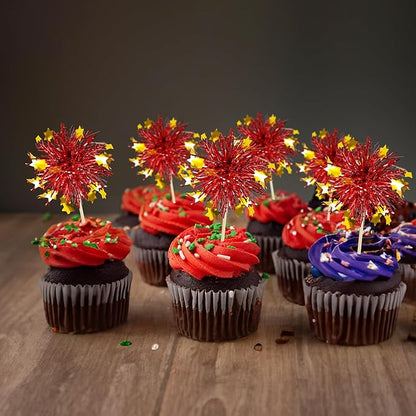 Ephlyn 30Pcs Foil Firework Cupcake Toppers Party Birthday Cake Toppers Supplies Sparkle Tinsel Cocktail Fruit Toothpick for Birthday Wedding Graduation Party Red