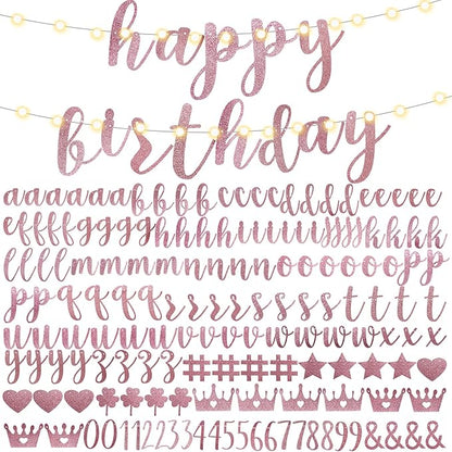 TaoBary 167 Pcs DIY Banner Kit Happy Birthday Glitter Banner Customizable Glitter Make Your Own Kit 162 Letters Symbols and Numbers 3 Rope for Birthday Halloween Wedding Christmas(Rose Gold)