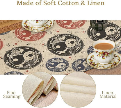 Yin Yang Table Runner, Vintage Mid Century Traditional Oriental Koi Fish Mystical Celestial Moon Stars Print Table Runner for Kitchen Dining Table Party Decor, 13x90inch