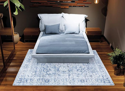 Bloom Rugs Washable Non-Slip 6' x 9' Rug - Ivory/Denim Blue Traditional Medallion Area Rug for Living Room, Bedroom, Dining Room, and Kitchen - Exact Size: 6' x 9'