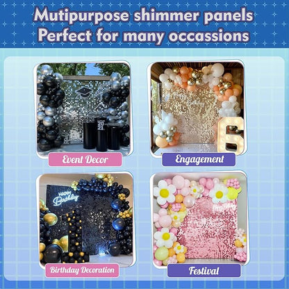 Qcity Blue Shimmer Wall Backdrop 24PCS, Black Back Not See-Through Design, Square Sequin Glitter Backdrop Panel, Perfect for Outdoor Events, Birthdays, Wedding and Party Decoration