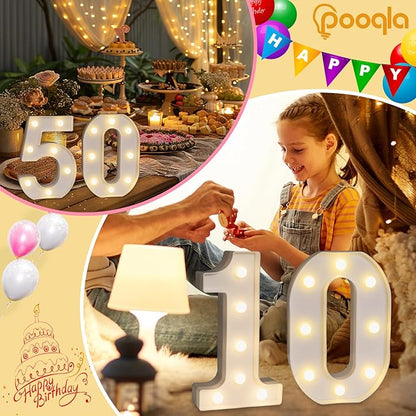 Pooqla Decorative LED Light Up Number Letters, White Plastic Marquee Number Lights Sign for 90th Birthday Party Wedding Decor, Battery Operated