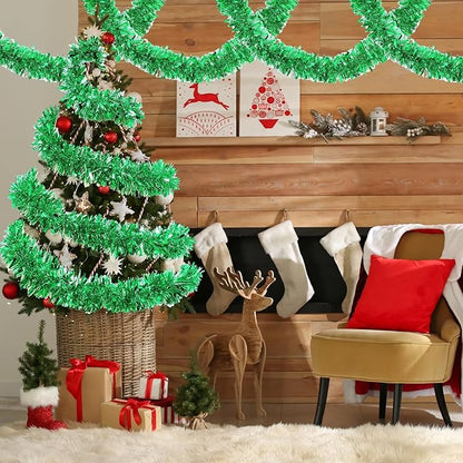 72 Feet Christmas Tinsel Garland Shiny Metallic Tinsel Twist Garland Streamers Ornaments Long Glitter Christmas Tree Hanging Decorations for Party Holiday Wedding Birthday Tree Wall Rail (Green)