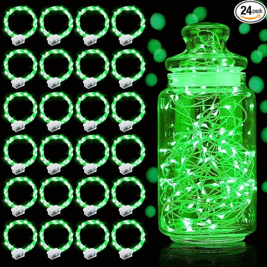 Aogist 24 Pack Fairy Lights 3 Modes 7ft 20 LED Waterproof,Battery Operated Silver Wire Firefly Starry Moon Mini String Lights for Mason Jars Christmas DIY Crafts Wedding Party Bedroom,Green