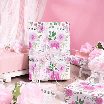 RUSPEPA Reversible Floral Wrapping Paper Roll, Mini Roll, Pink Rose Blossom Design and Pink Solid Color, Elegant Gift Wrap for Birthday, Wedding, Mother's Day, Bridal Shower, 17 Inches x 16.4 Feet