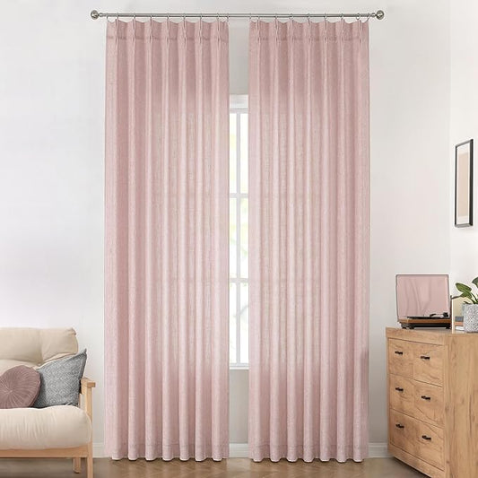 Vision Home Pink Pinch Pleated Semi Sheer Curtains for Girls Bedroom Living Room Textured Light Filtering Window Curtains 112 inch Rayon Blended Pinch Pleat Pink Drapes with Hooks 2 Panels 40"Wx112"L