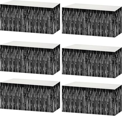 6 Pack 29x108 Inch Metallic Foil Fringe Tinsel Table Skirts Banner for Rectangle Tables Streamer Garland Curtains Backdrop for Wedding, Birthday, Parade Floats, Christmas Party Decoration(Black)
