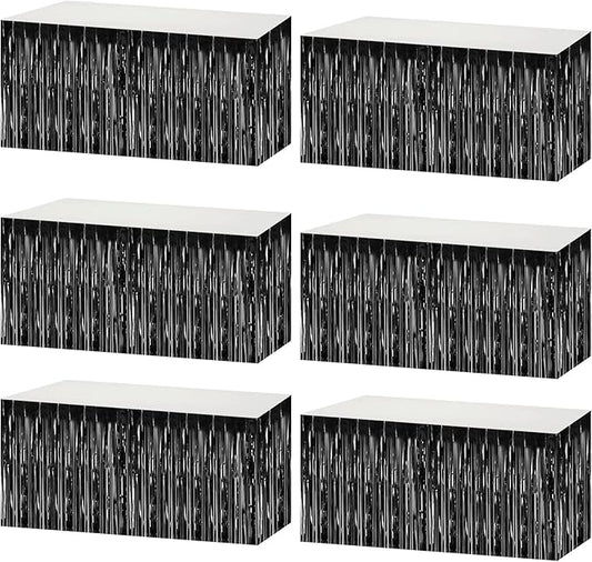 6 Pack 29x108 Inch Metallic Foil Fringe Tinsel Table Skirts Banner for Rectangle Tables Streamer Garland Curtains Backdrop for Wedding, Birthday, Parade Floats, Christmas Party Decoration(Black)