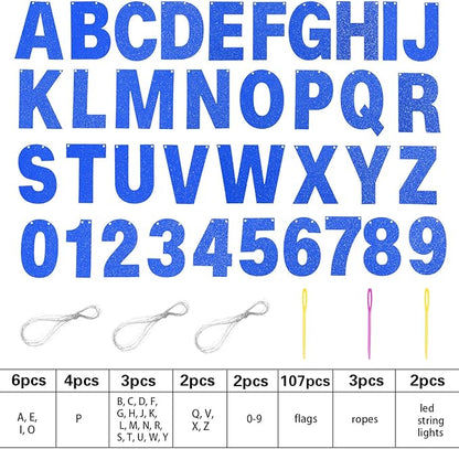 TaoBary 112 Pcs DIY Letter Kit Glitter Customizable Banner Letters Include 107 Letters and Numbers 3 Rope and 2 Needles for Birthday Halloween Christmas Wedding Valentine Party Decor(Dark Blue)