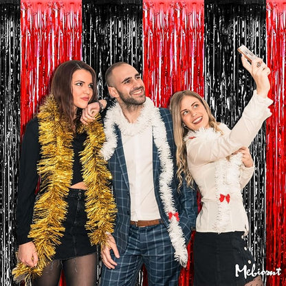 4 Pack 3.2Ft x 6.6Ft Black Red Fringe Curtain Backdrop, Metallic Tinsel Foil Fringe Streamers Curtains Background for Photo Booth Wedding Casino Viva Las Vegas Game Night Birthday Party Decorations