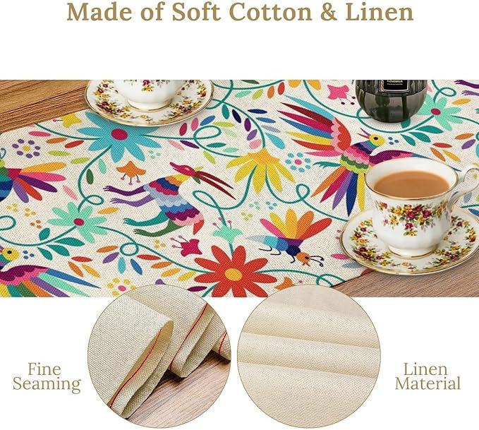 Mexican Table Runner,Boho Colorful Nature Inspired Flowers and Birds Table Cloth Kitchen Dining Table Home Party Decoration 13x60 Inch