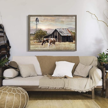 Rustic Wall Decor Barn Framed - Vintage Farmhouse Cow & Windmill Landscape Picture Artwork for Home and Kitchen