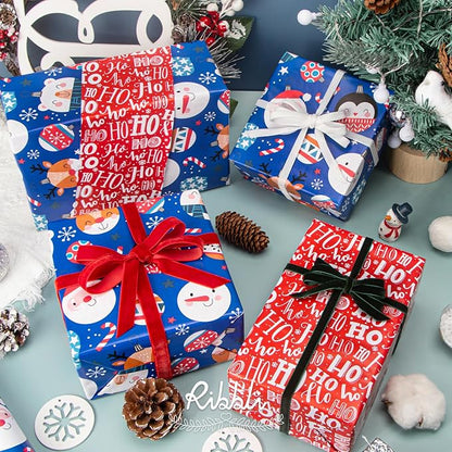 Ribbli Blue Christmas Wrapping Paper Reversible Cute Christmas elements Gift Wrapping Paper Rolls for Kids Holiday Presents Decoration-17 Inch x 33 Feet